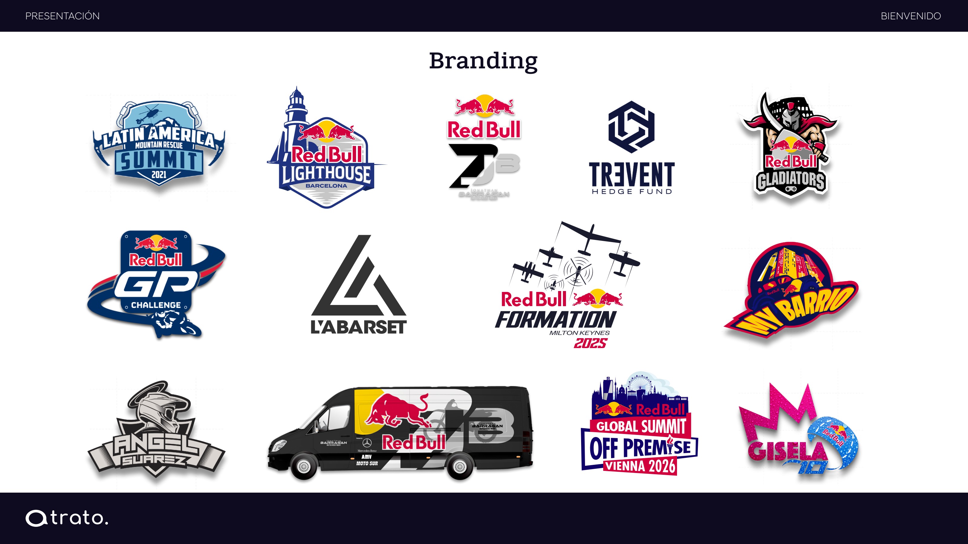 Mosaico de logotipos diseñados por Atrato Media (Red Bull Lighthouse Barcelona, L'Abarset, Gisela, entre otros)